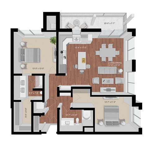Floor plan for 2 beds, 2 baths, 1275 sqft